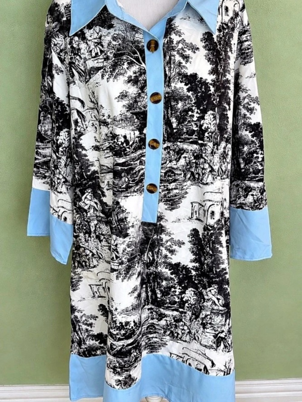 Printed Button Front Blue Trim Tunic